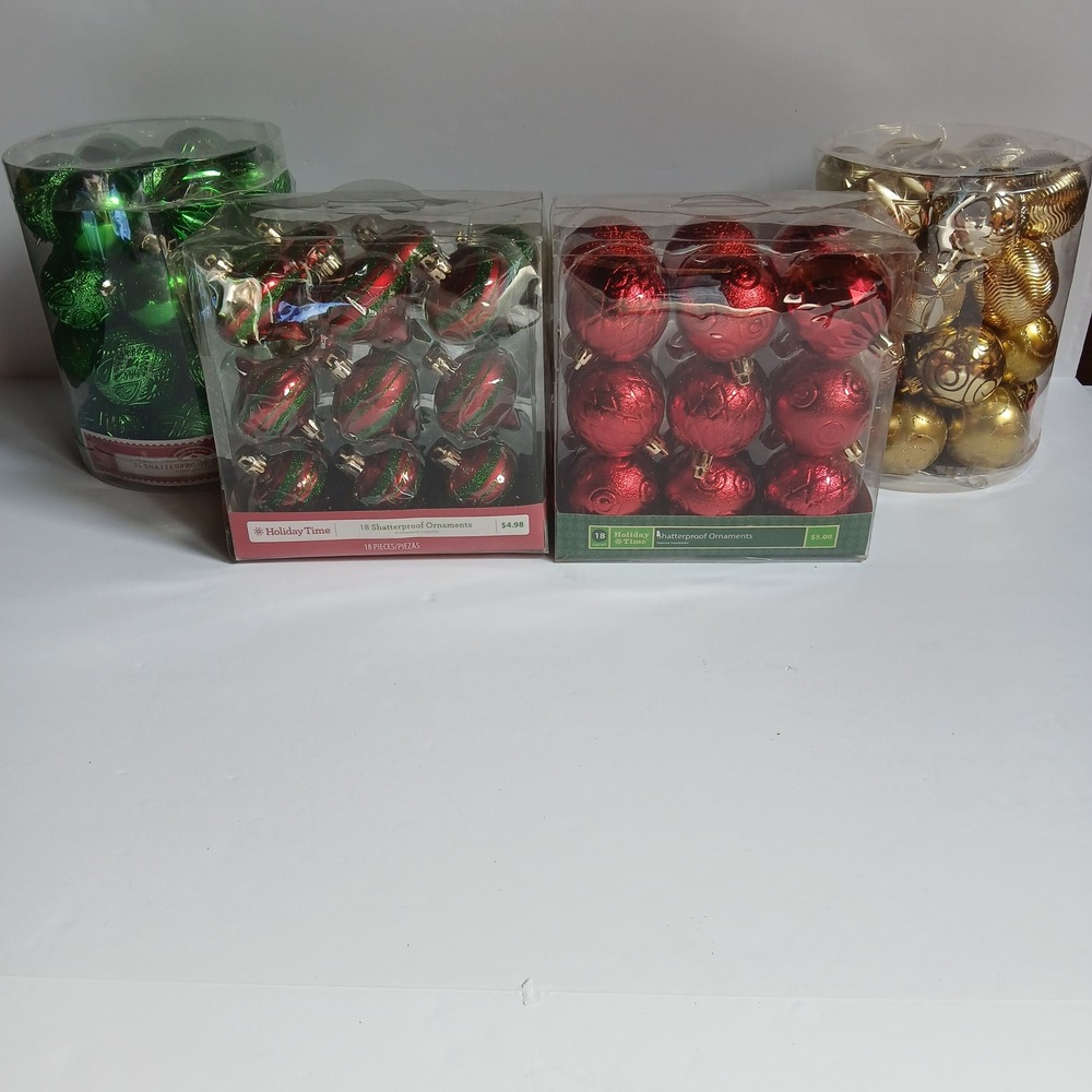 88 Holiday Time Shatterproof Christmas Ornaments Red Green Gold Set of 4 Packs